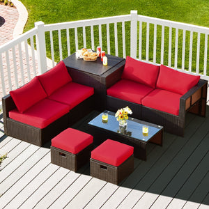 8 Pieces Patio Space-Saving Rattan Furniture Set with Storage Box and Waterproof Cover-Red view 2