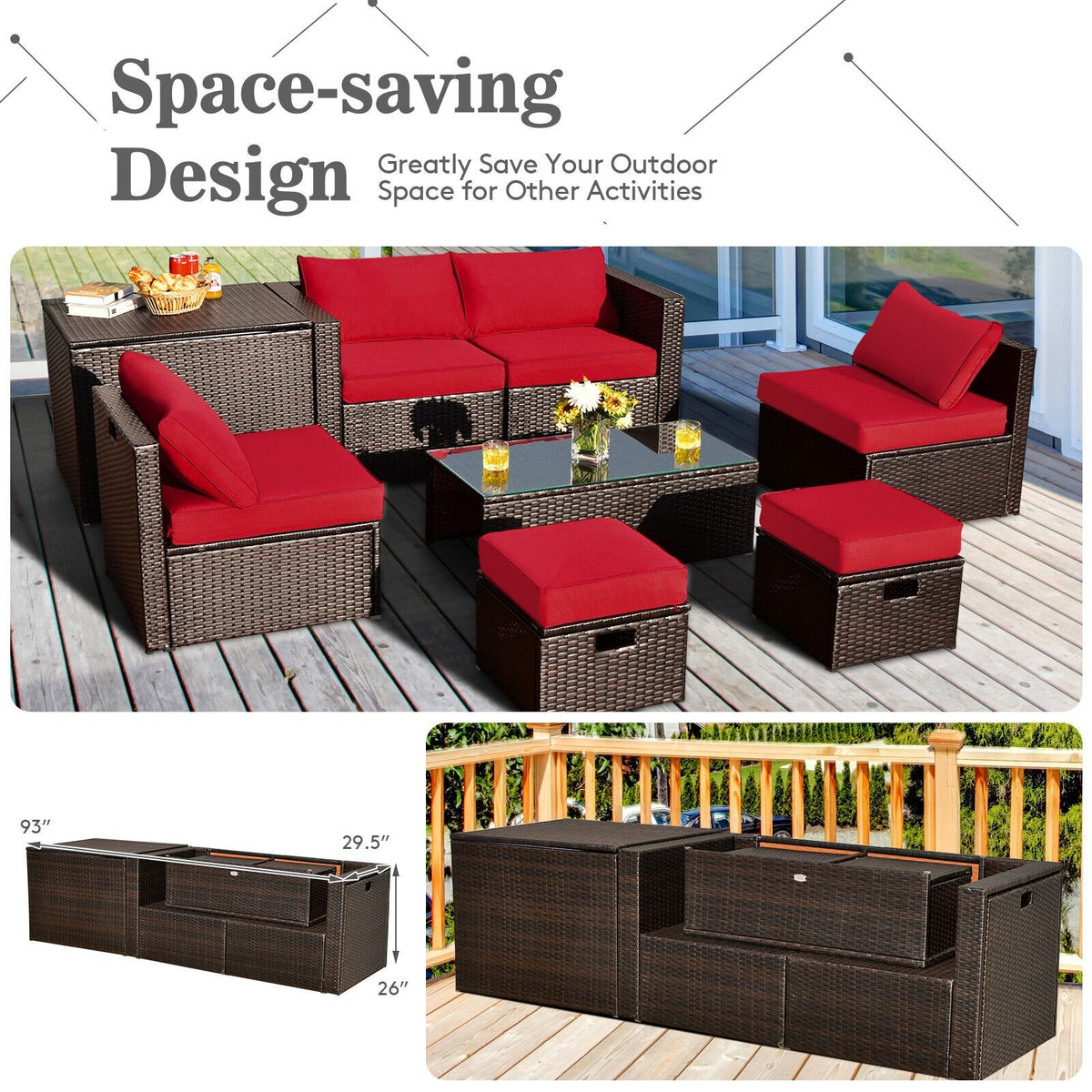 8 Pieces Patio Space-Saving Rattan Furniture Set with Storage Box and Waterproof Cover-Red view 3