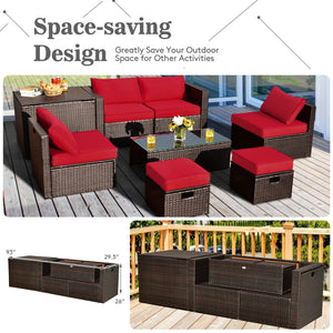 8 Pieces Patio Space-Saving Rattan Furniture Set with Storage Box and Waterproof Cover-Red view 3