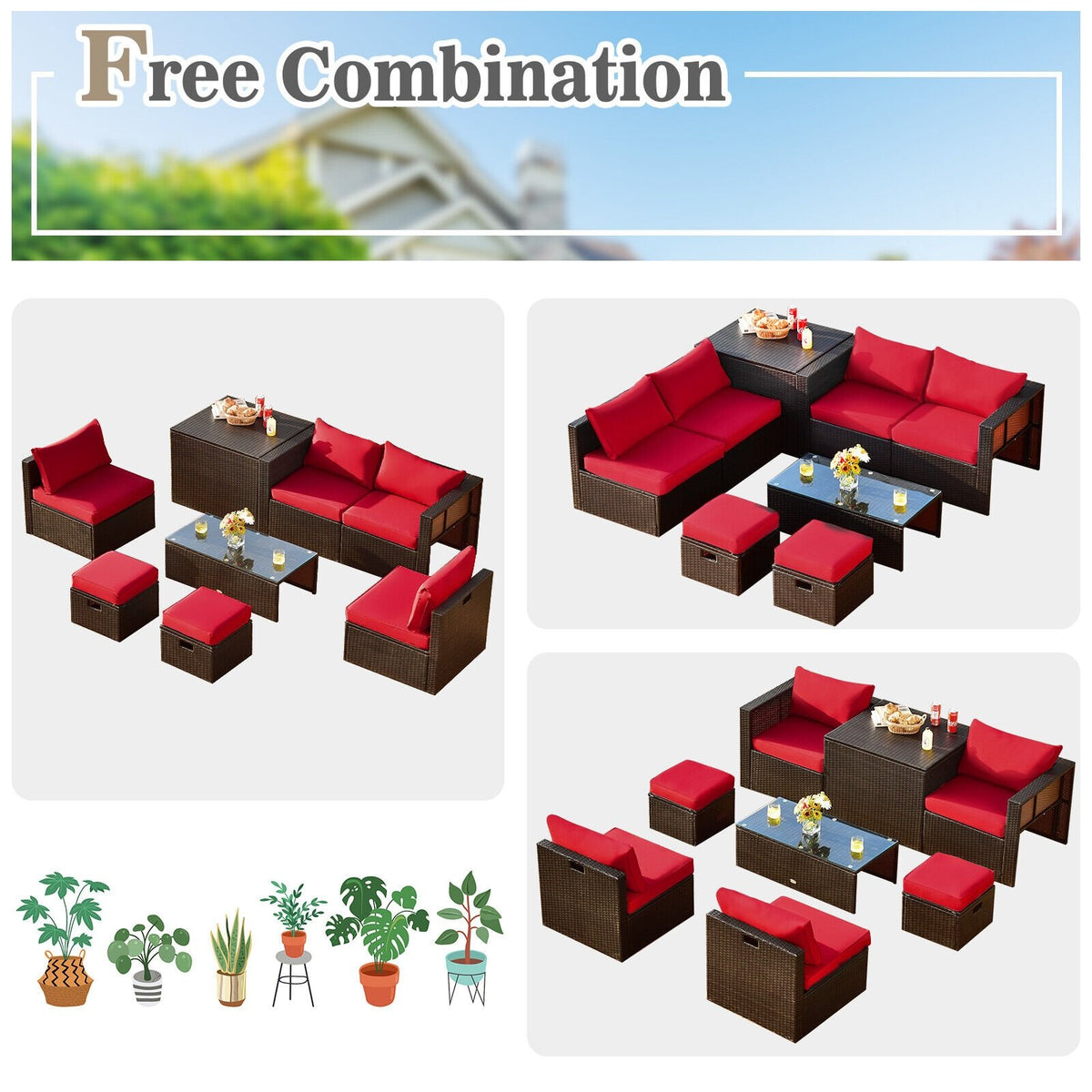 8 Pieces Patio Space-Saving Rattan Furniture Set with Storage Box and Waterproof Cover-Red view 5