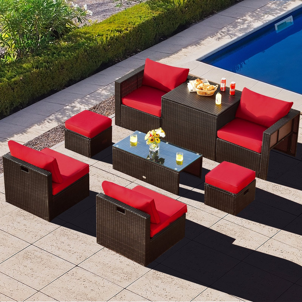 8 Pieces Patio Space-Saving Rattan Furniture Set with Storage Box and Waterproof Cover-Red view 6