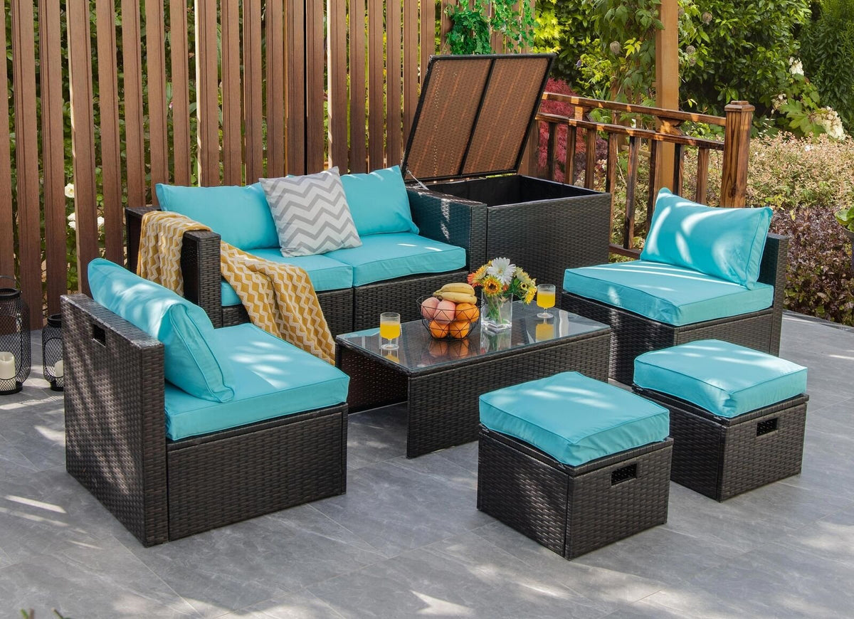 8 Pieces Patio Space-Saving Rattan Furniture Set with Storage Box and Waterproof Cover-Turquoise view 2