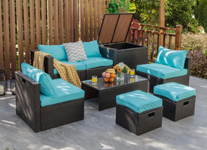 8 Pieces Patio Space-Saving Rattan Furniture Set with Storage Box and Waterproof Cover-Turquoise view 2