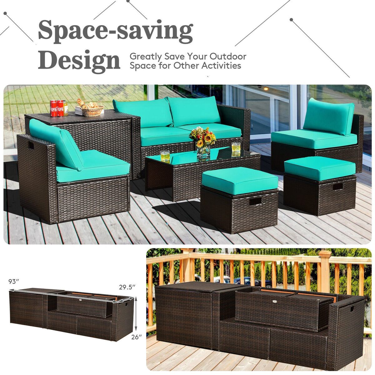 8 Pieces Patio Space-Saving Rattan Furniture Set with Storage Box and Waterproof Cover-Turquoise view 3
