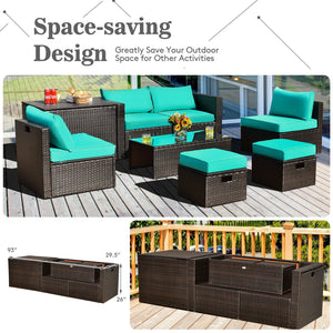 8 Pieces Patio Space-Saving Rattan Furniture Set with Storage Box and Waterproof Cover-Turquoise view 3