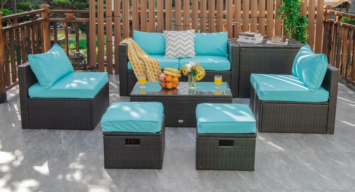 8 Pieces Patio Space-Saving Rattan Furniture Set with Storage Box and Waterproof Cover-Turquoise view 6
