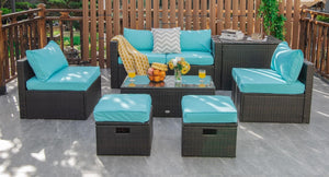 8 Pieces Patio Space-Saving Rattan Furniture Set with Storage Box and Waterproof Cover-Turquoise view 6