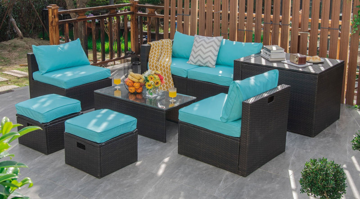 8 Pieces Patio Space-Saving Rattan Furniture Set with Storage Box and Waterproof Cover-Turquoise view 7