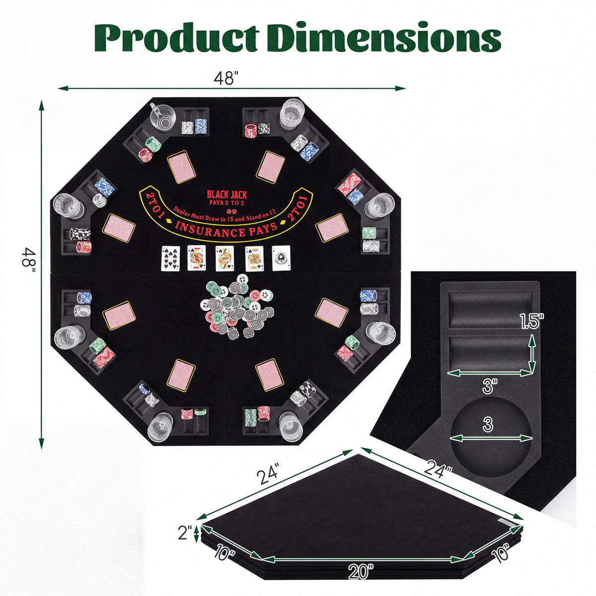 8-Player Portable Poker Table Top with Cup Holders and Chip Trays-Black view 4