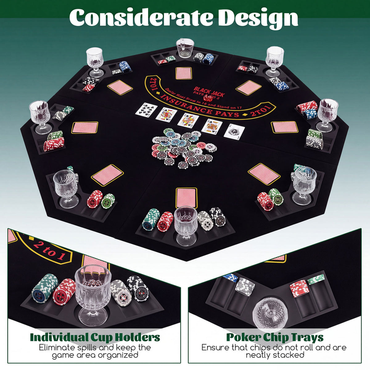 8-Player Portable Poker Table Top with Cup Holders and Chip Trays-Black view 6