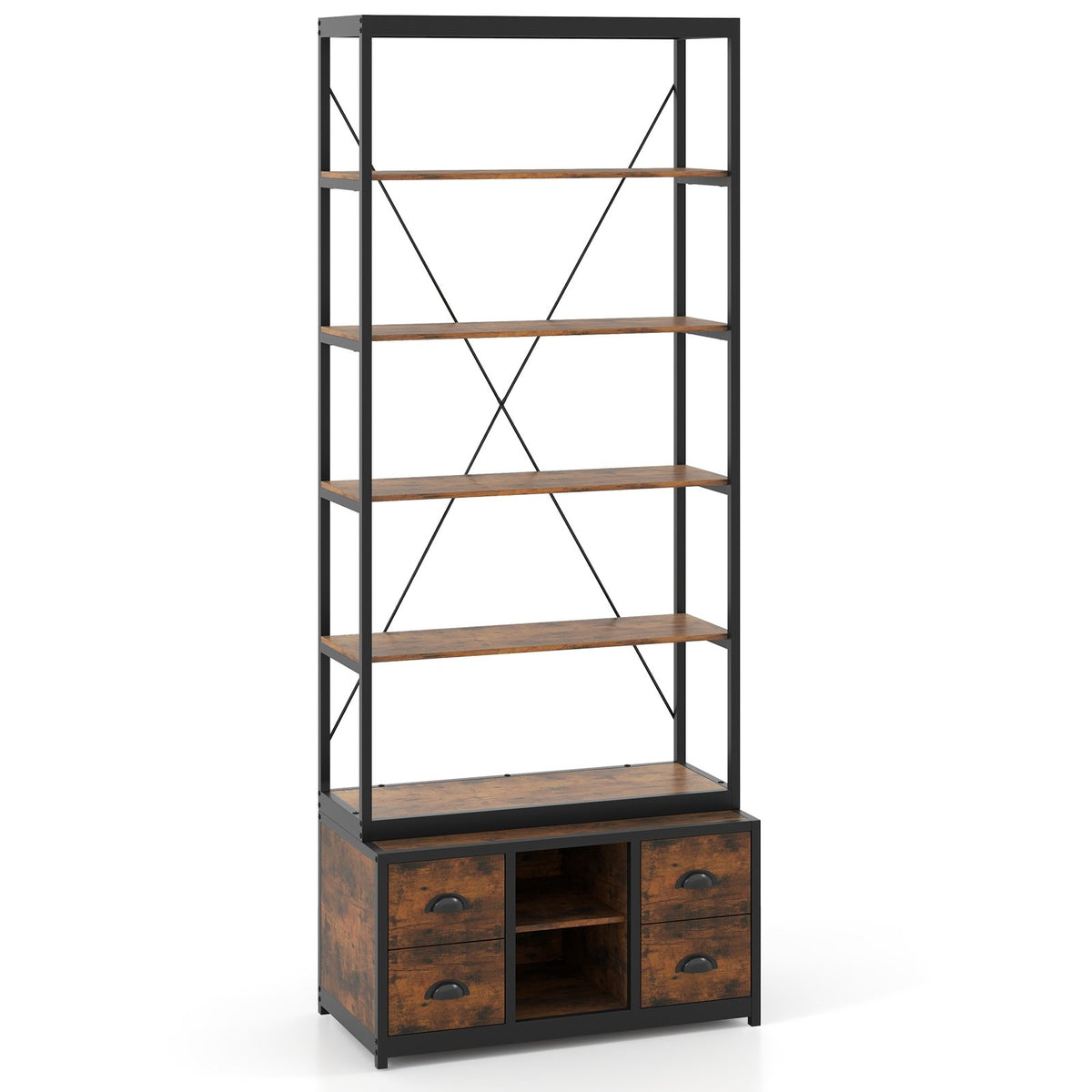 8-tier Bookshelf with 4 Fabric Drawers, and Heavy-duty Metal Frame-Coffee