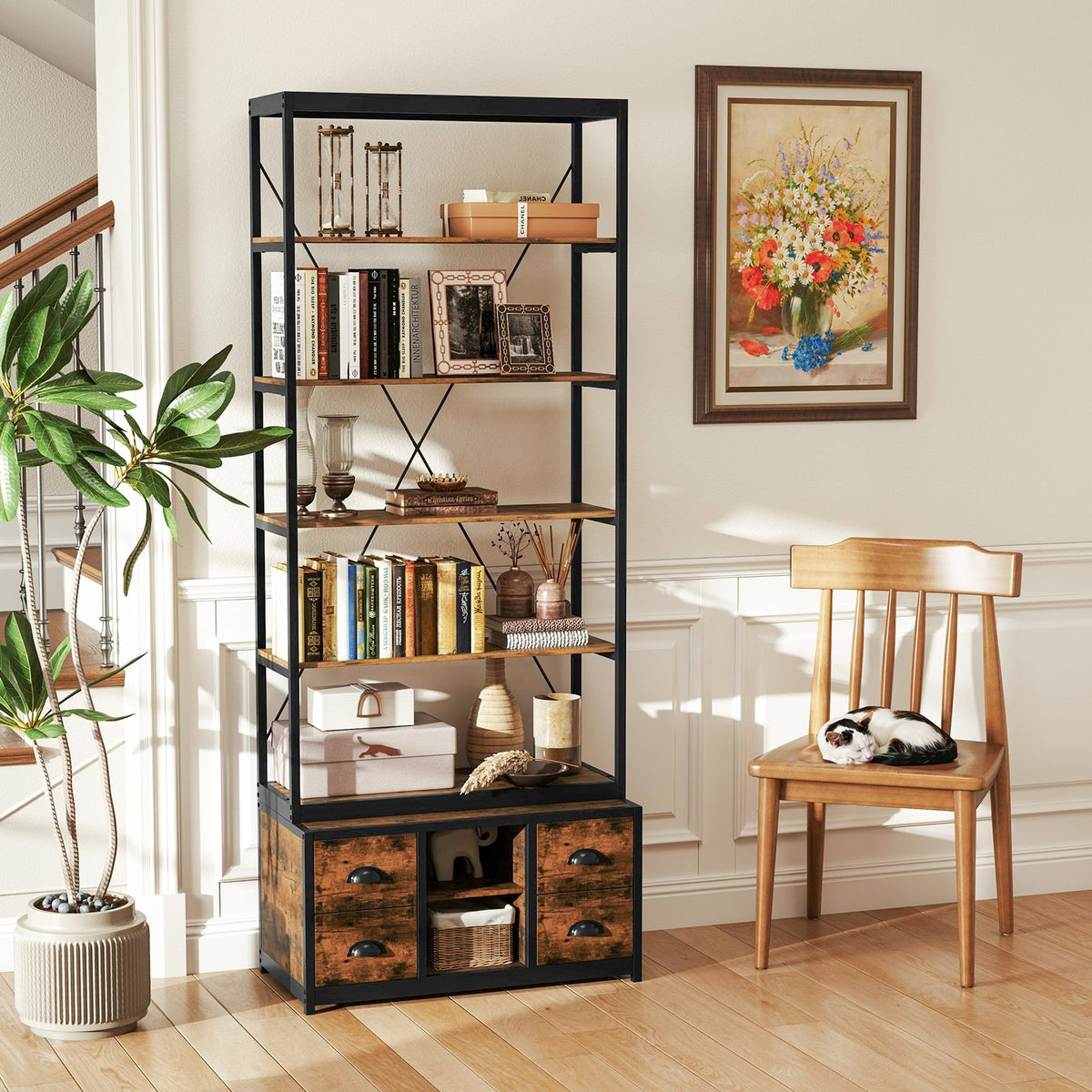 8-tier Bookshelf with 4 Fabric Drawers, and Heavy-duty Metal Frame-Coffee view 2