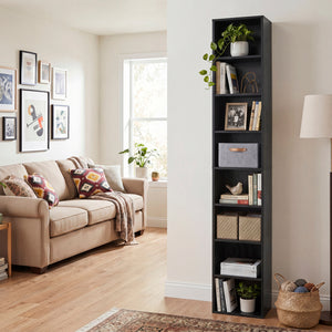 8-Tier Narrow Bookshelf with 4 Adjustable Shelves and Storage Cubes-Black view 2