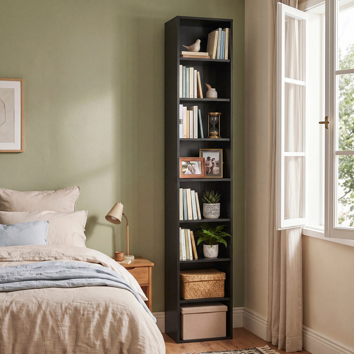 8-Tier Narrow Bookshelf with 4 Adjustable Shelves and Storage Cubes-Black view 3