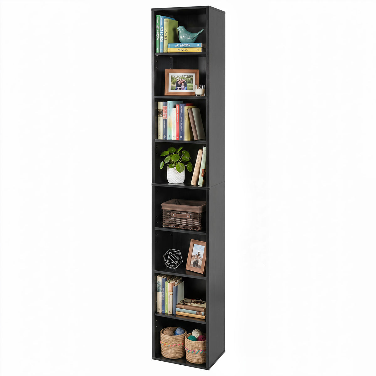 8-Tier Narrow Bookshelf with 4 Adjustable Shelves and Storage Cubes-Black view 4