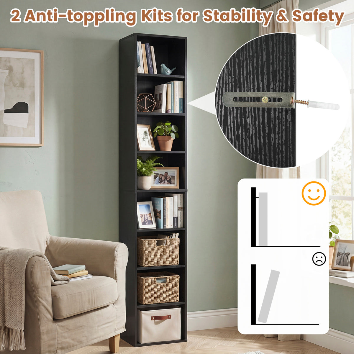 8-Tier Narrow Bookshelf with 4 Adjustable Shelves and Storage Cubes-Black view 6
