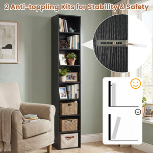 8-Tier Narrow Bookshelf with 4 Adjustable Shelves and Storage Cubes-Black view 6