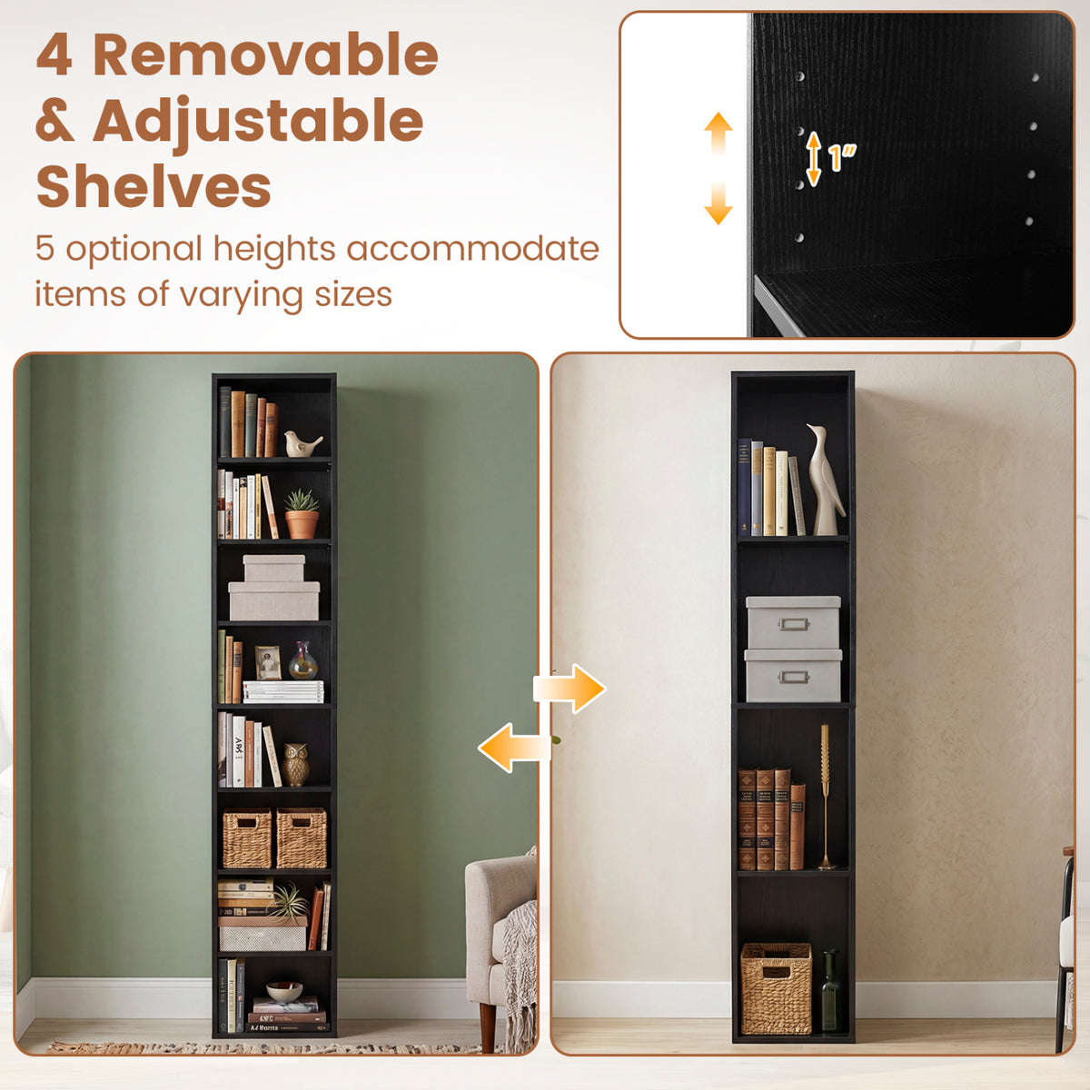 8-Tier Narrow Bookshelf with 4 Adjustable Shelves and Storage Cubes-Black view 8