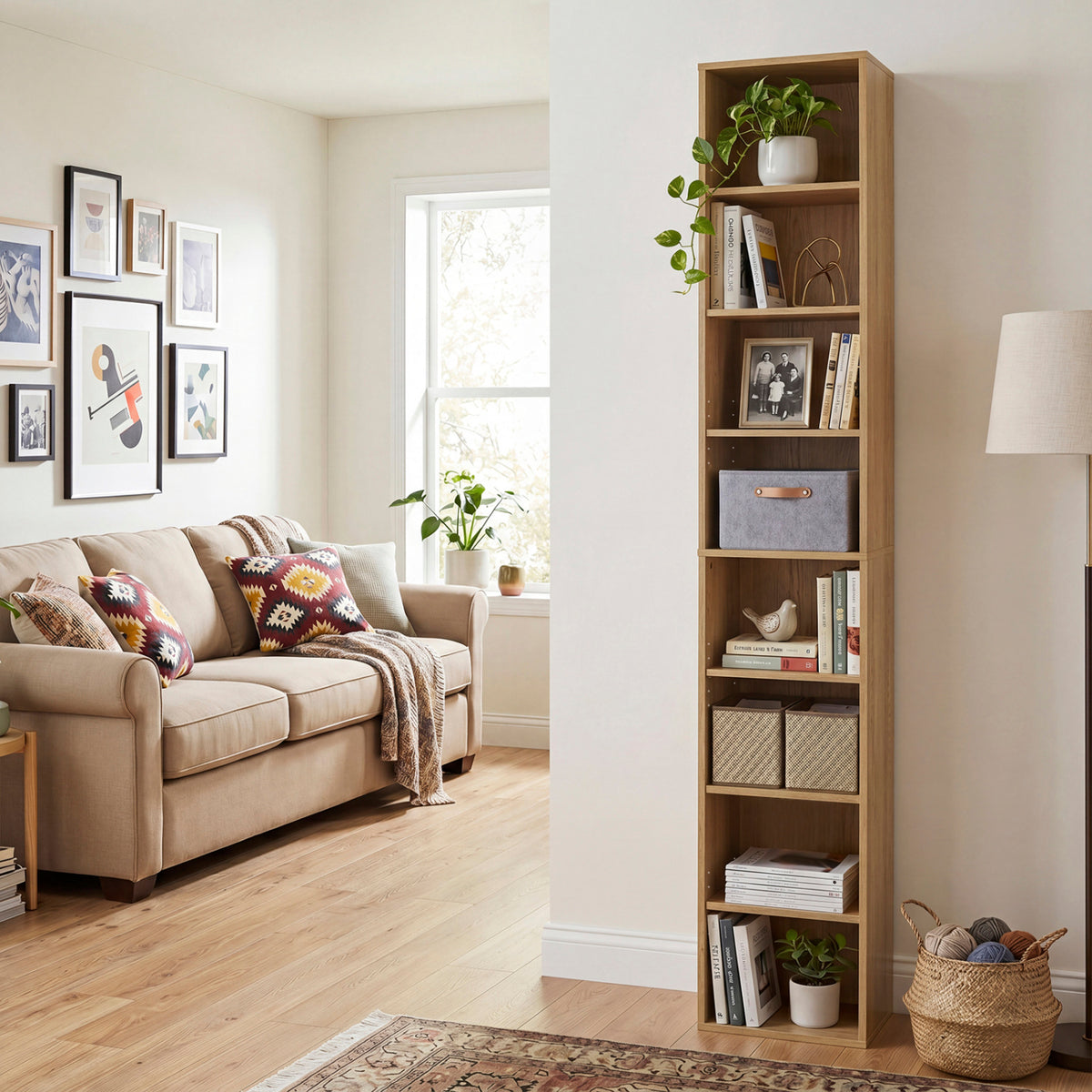 8-Tier Narrow Bookshelf with 4 Adjustable Shelves and Storage Cubes-Natural view 2
