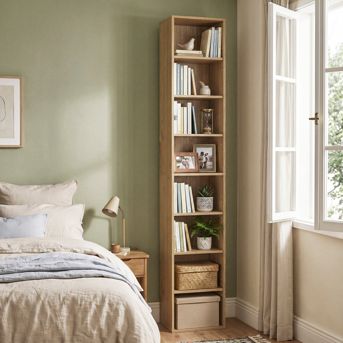 8-Tier Narrow Bookshelf with 4 Adjustable Shelves and Storage Cubes-Natural view 3