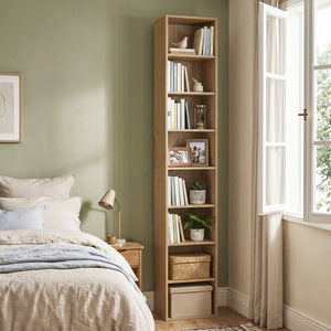 8-Tier Narrow Bookshelf with 4 Adjustable Shelves and Storage Cubes-Natural view 3