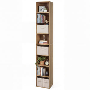 8-Tier Narrow Bookshelf with 4 Adjustable Shelves and Storage Cubes-Natural view 4