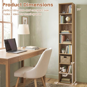 8-Tier Narrow Bookshelf with 4 Adjustable Shelves and Storage Cubes-Natural view 5