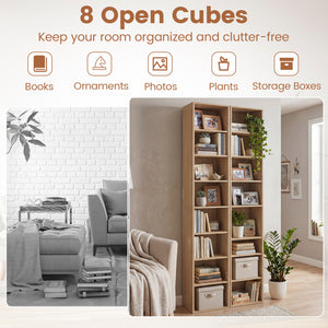 8-Tier Narrow Bookshelf with 4 Adjustable Shelves and Storage Cubes-Natural view 7