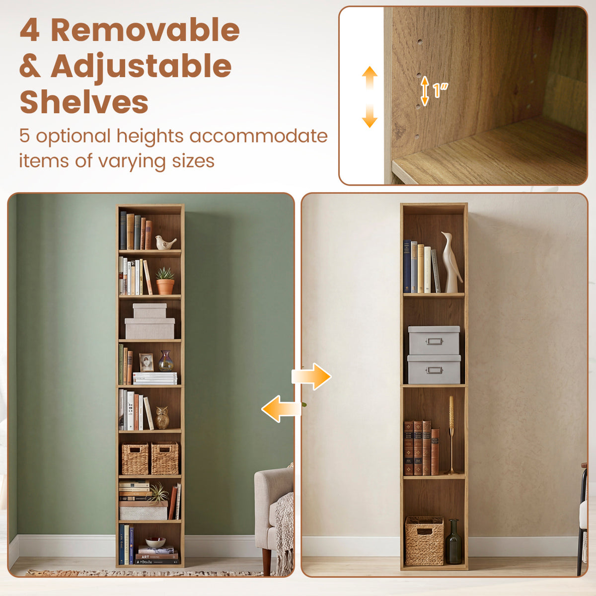8-Tier Narrow Bookshelf with 4 Adjustable Shelves and Storage Cubes-Natural view 8
