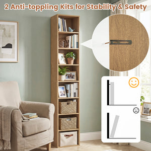 8-Tier Narrow Bookshelf with 4 Adjustable Shelves and Storage Cubes-Natural view 9