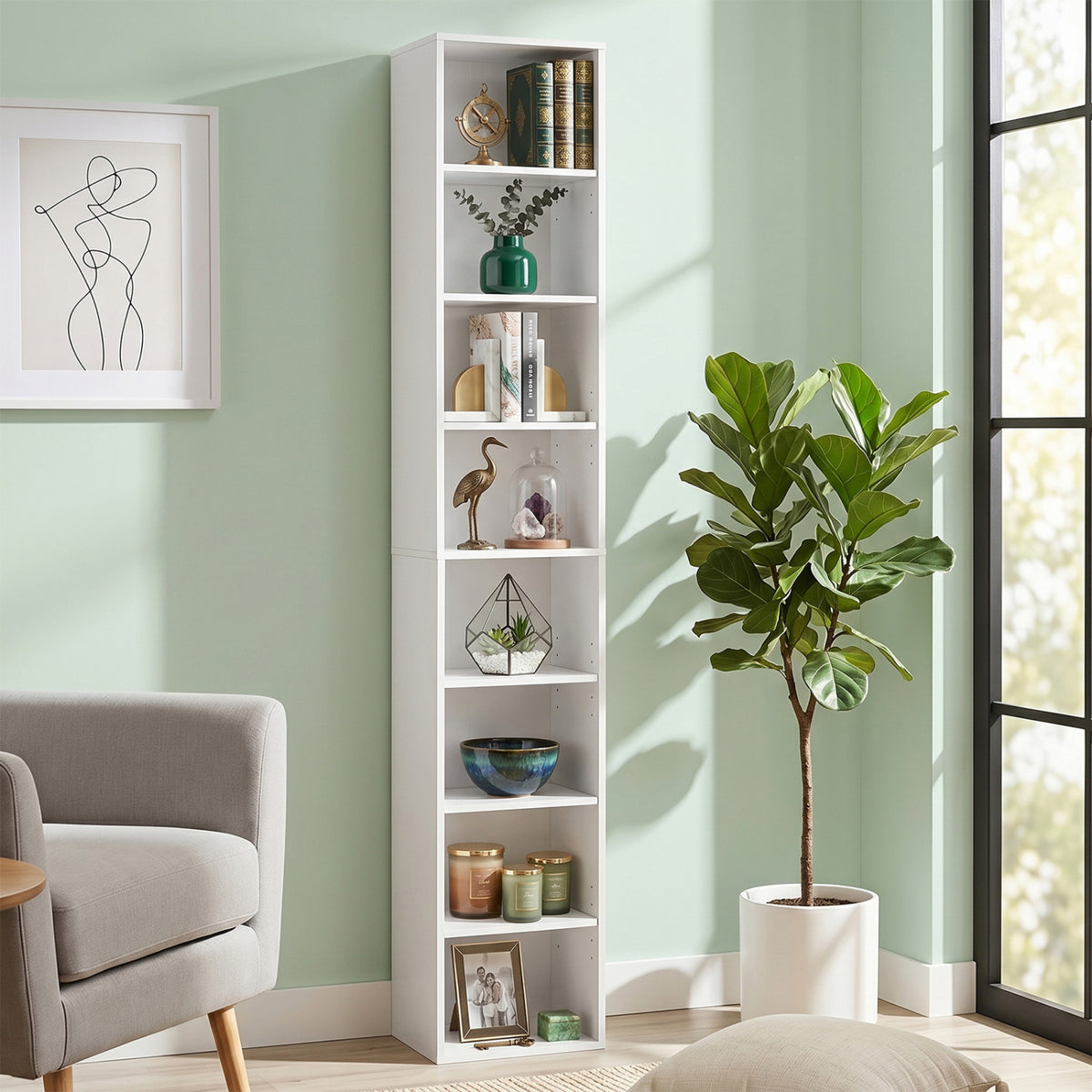 8-Tier Narrow Bookshelf with 4 Adjustable Shelves and Storage Cubes-White view 2