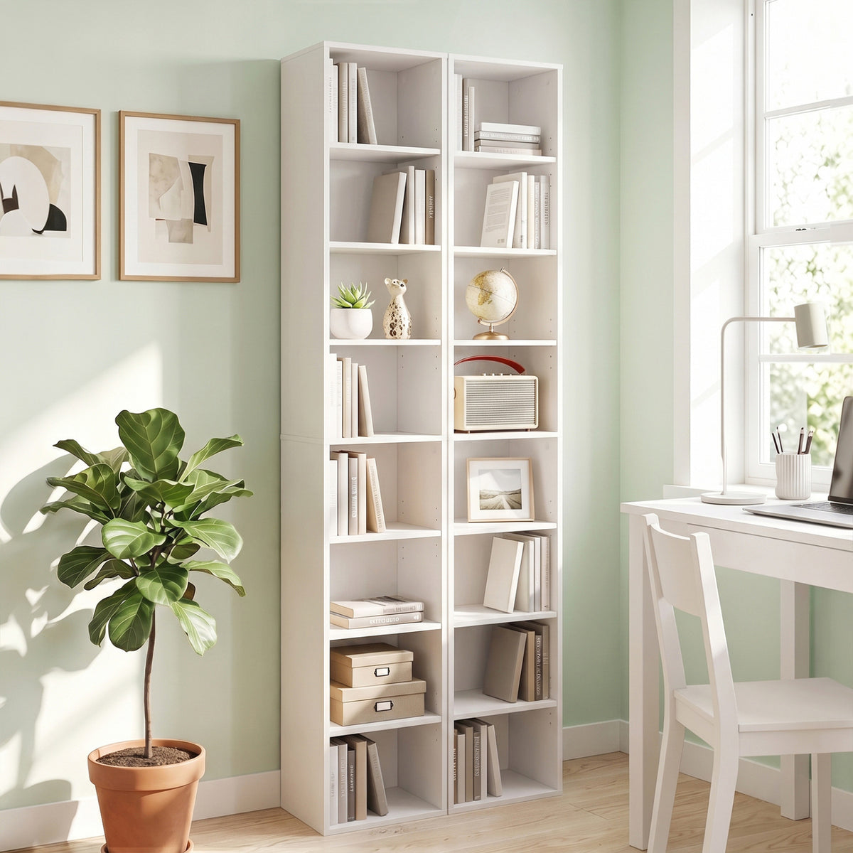 8-Tier Narrow Bookshelf with 4 Adjustable Shelves and Storage Cubes-White view 3