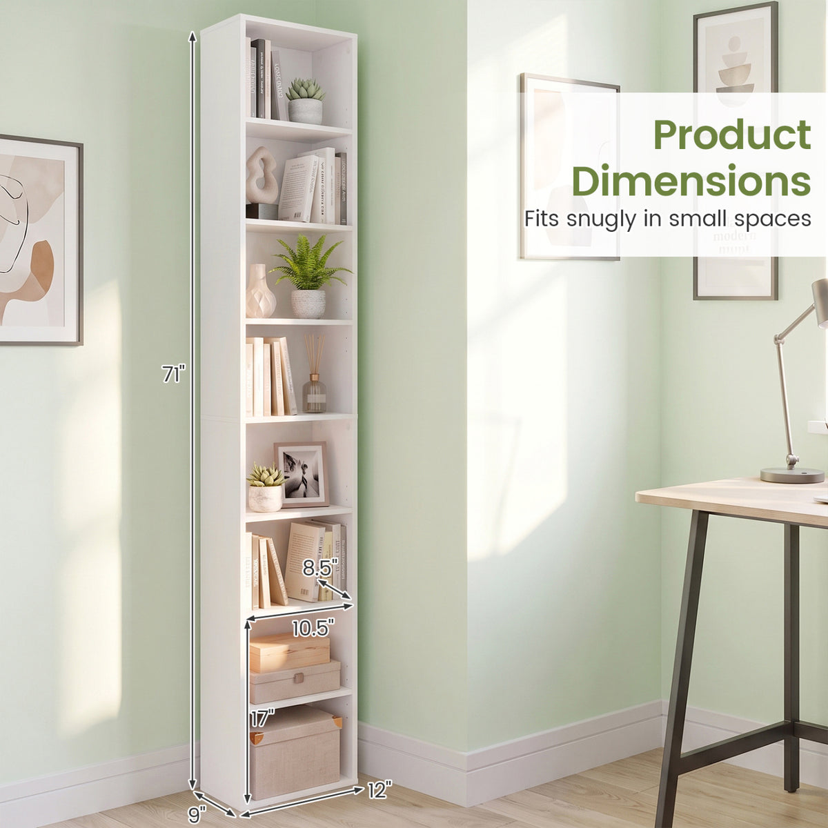 8-Tier Narrow Bookshelf with 4 Adjustable Shelves and Storage Cubes-White view 5