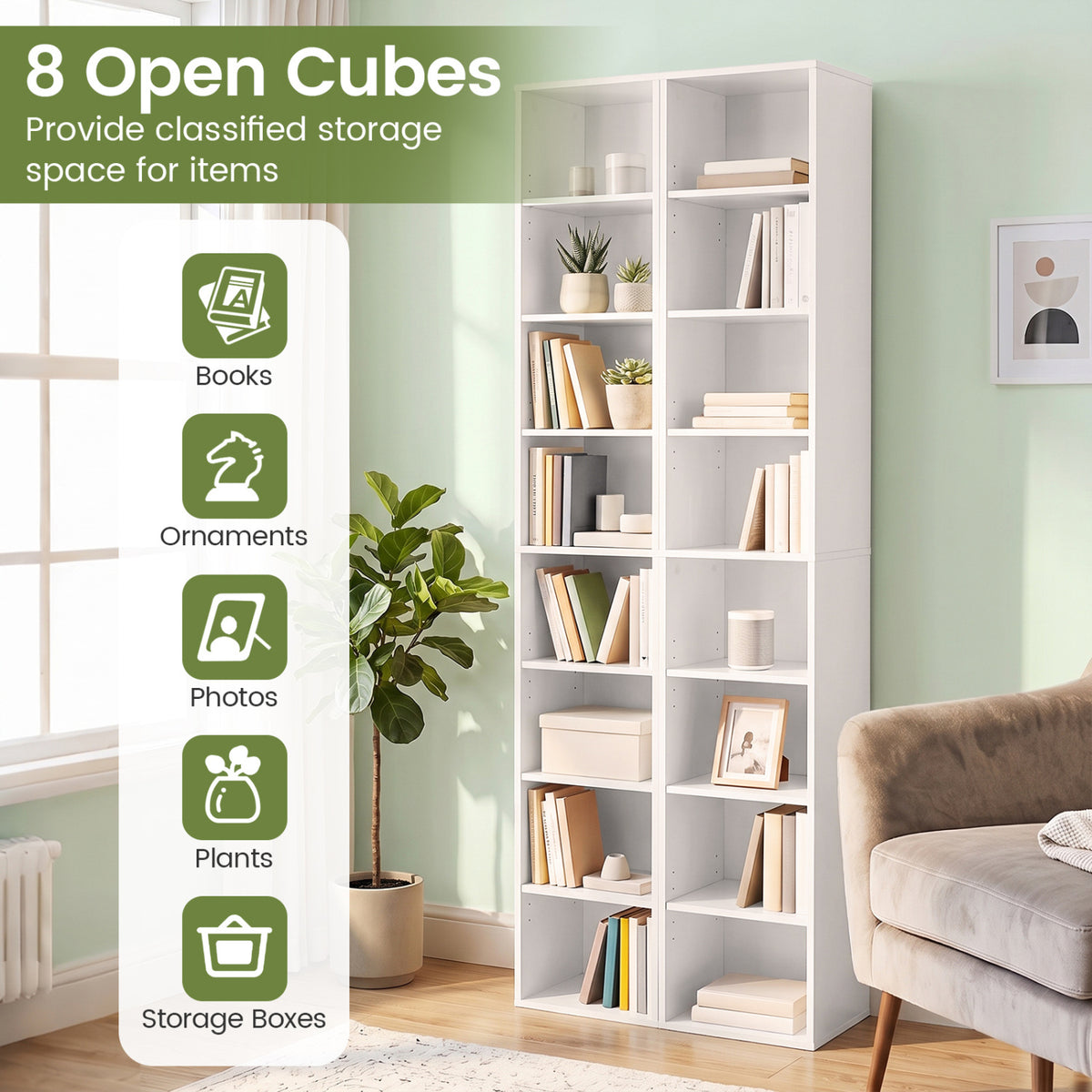 8-Tier Narrow Bookshelf with 4 Adjustable Shelves and Storage Cubes-White view 7