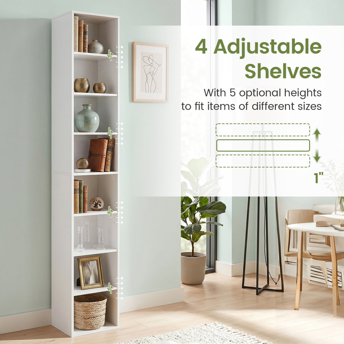 8-Tier Narrow Bookshelf with 4 Adjustable Shelves and Storage Cubes-White view 8
