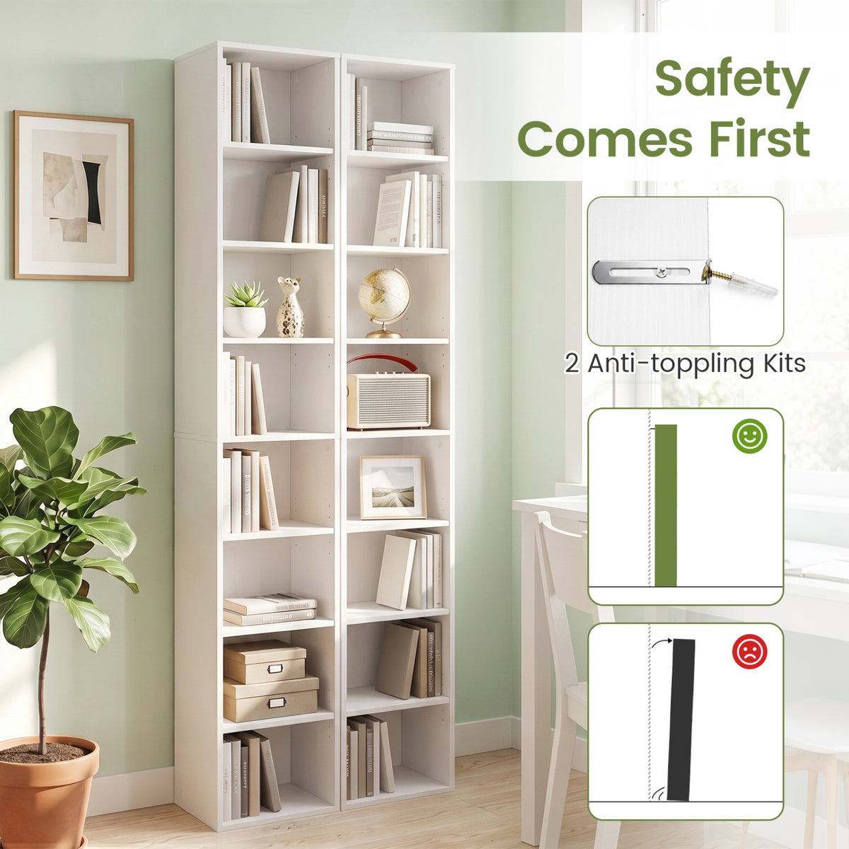 8-Tier Narrow Bookshelf with 4 Adjustable Shelves and Storage Cubes-White view 9