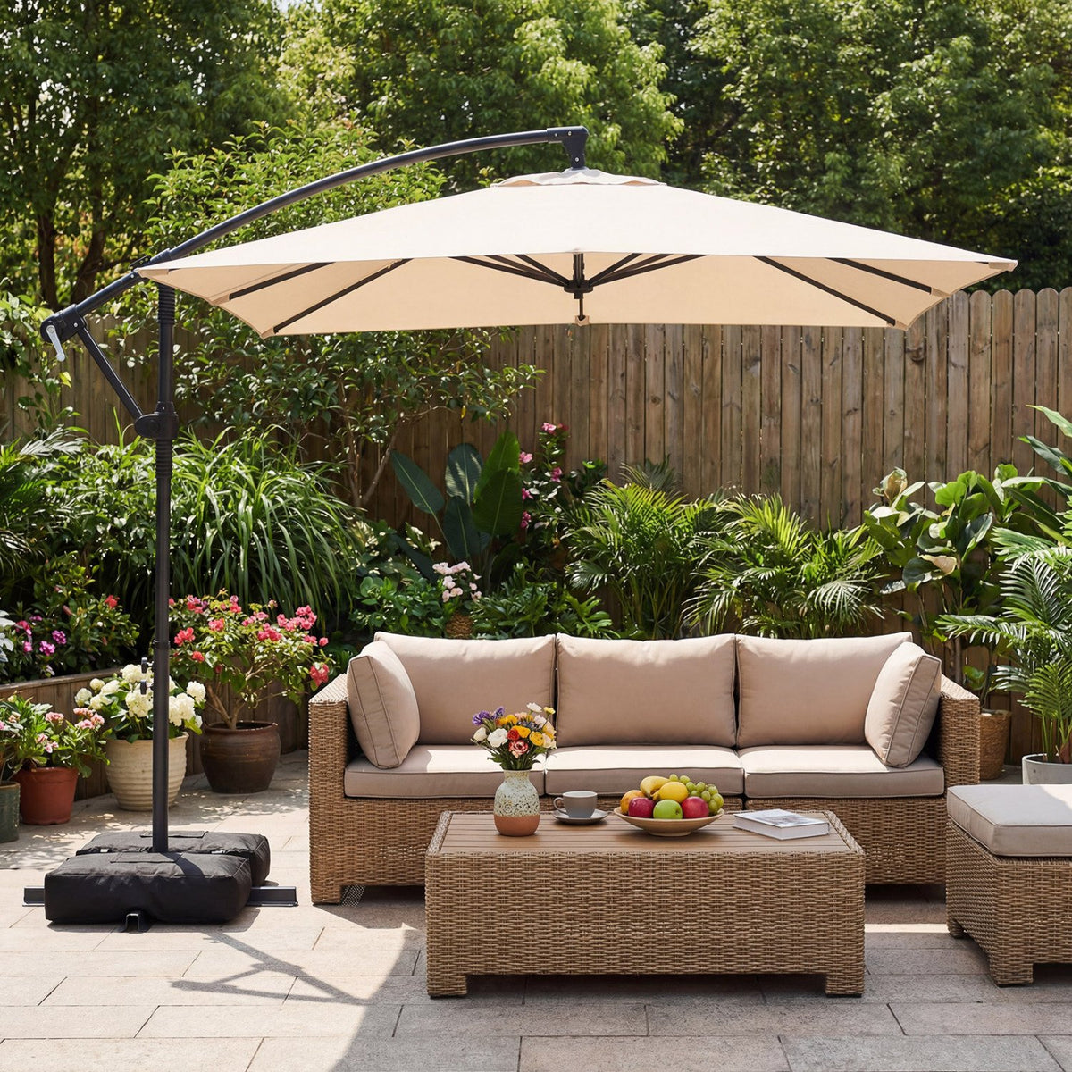 8 x 8 FT Offset Cantilever Patio Umbrella Square Hanging Outdoor Market Umbrella with 360° Rotation-Beige view 3