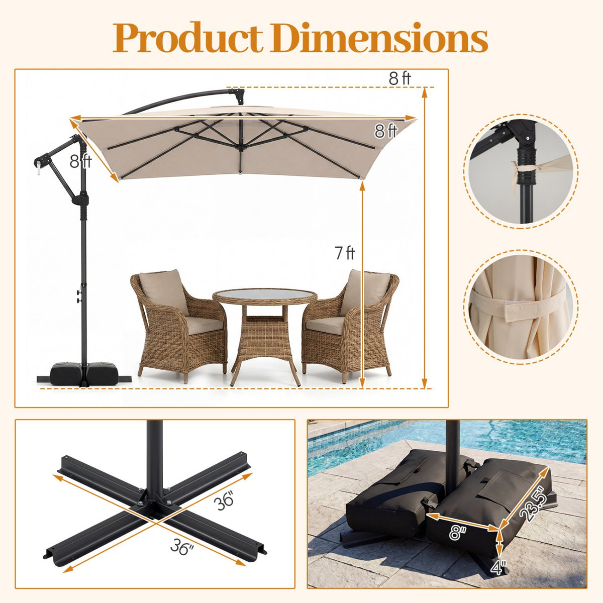 8 x 8 FT Offset Cantilever Patio Umbrella Square Hanging Outdoor Market Umbrella with 360° Rotation-Beige view 4