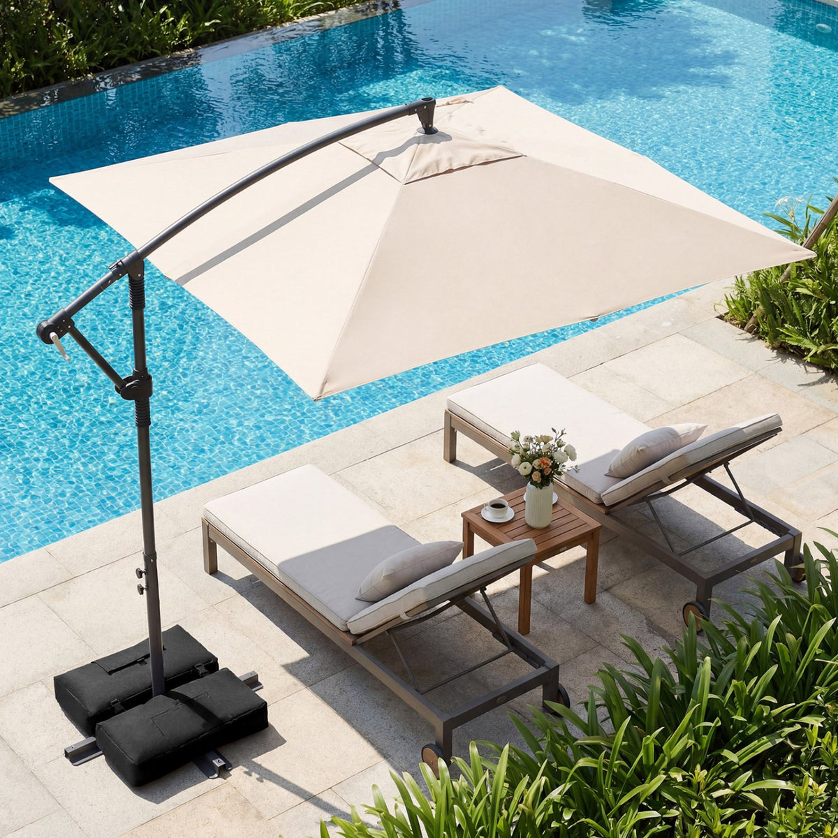 8 x 8 FT Offset Cantilever Patio Umbrella Square Hanging Outdoor Market Umbrella with 360° Rotation-Beige view 5