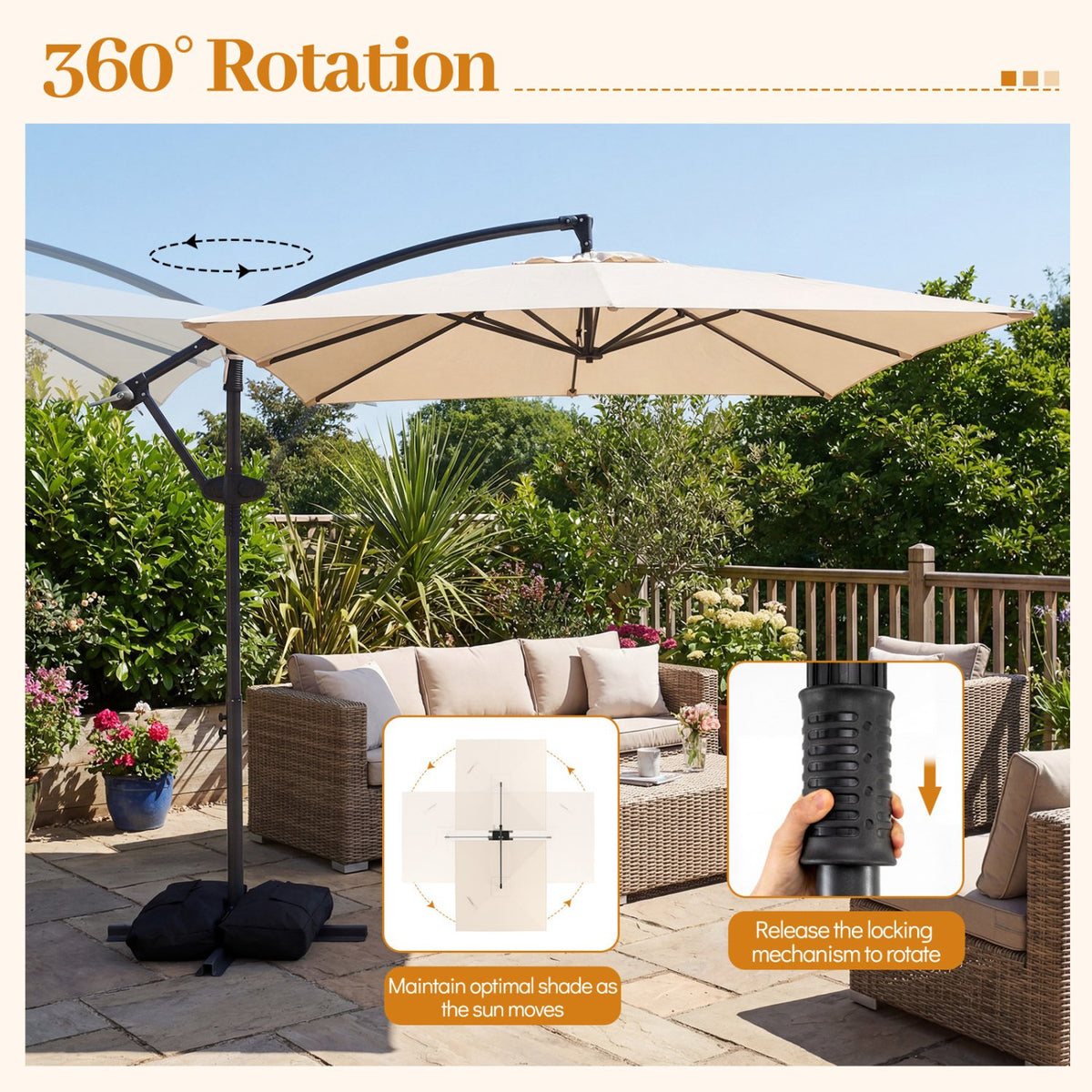 8 x 8 FT Offset Cantilever Patio Umbrella Square Hanging Outdoor Market Umbrella with 360° Rotation-Beige view 7