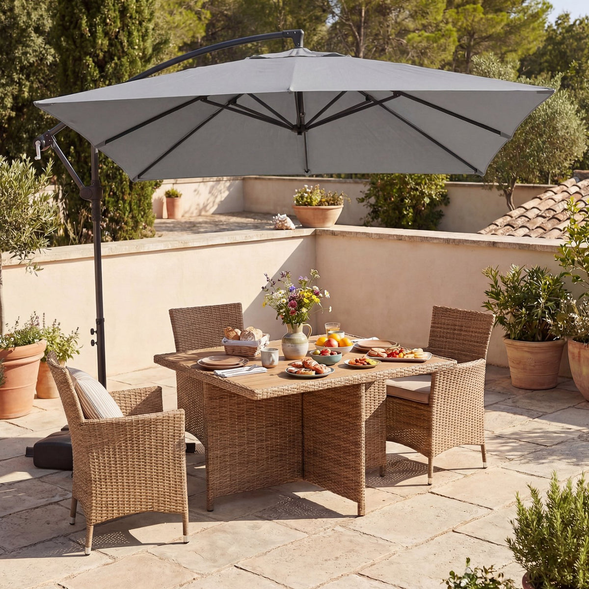 8 x 8 FT Offset Cantilever Patio Umbrella Square Hanging Outdoor Market Umbrella with 360° Rotation-Gray view 2