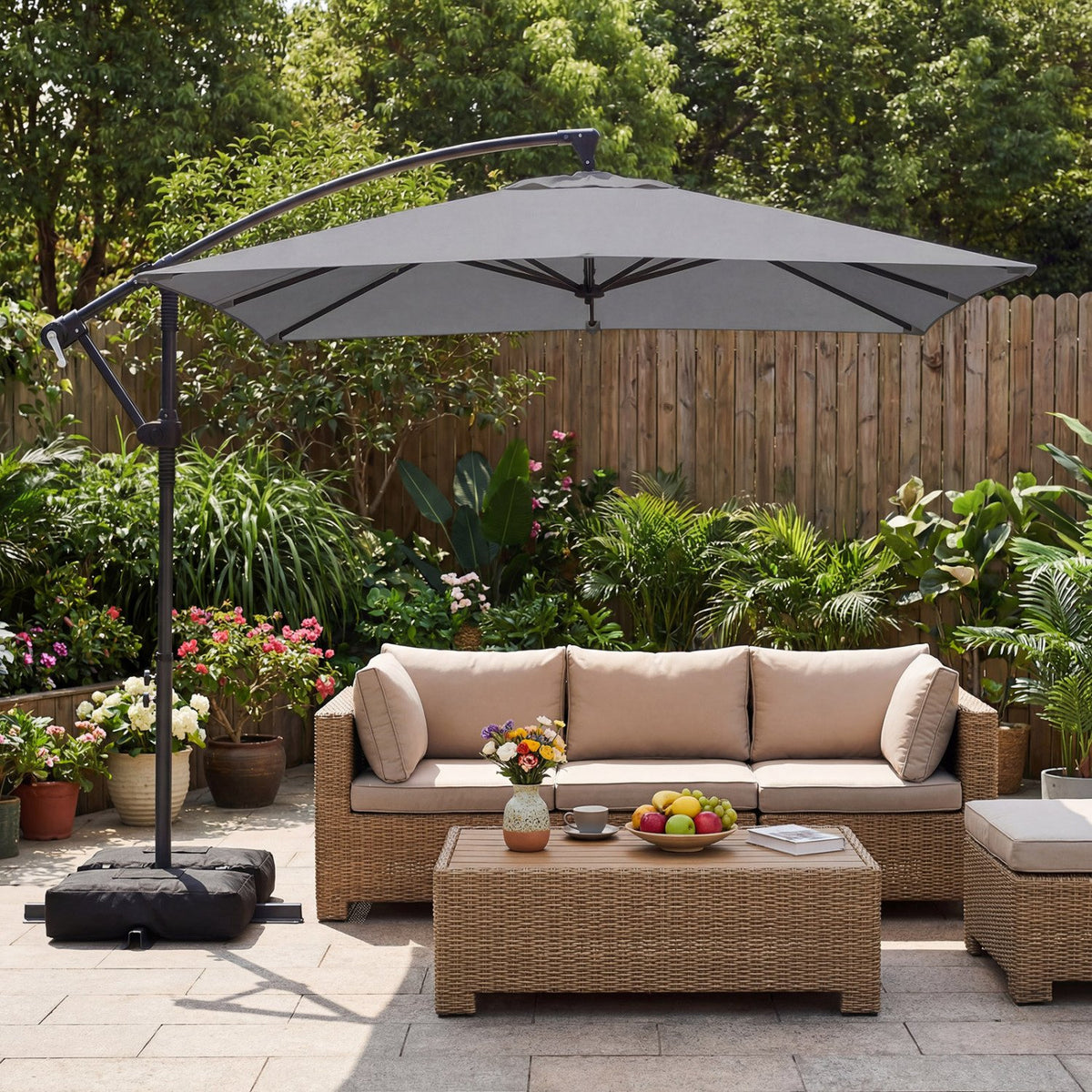 8 x 8 FT Offset Cantilever Patio Umbrella Square Hanging Outdoor Market Umbrella with 360° Rotation-Gray view 3
