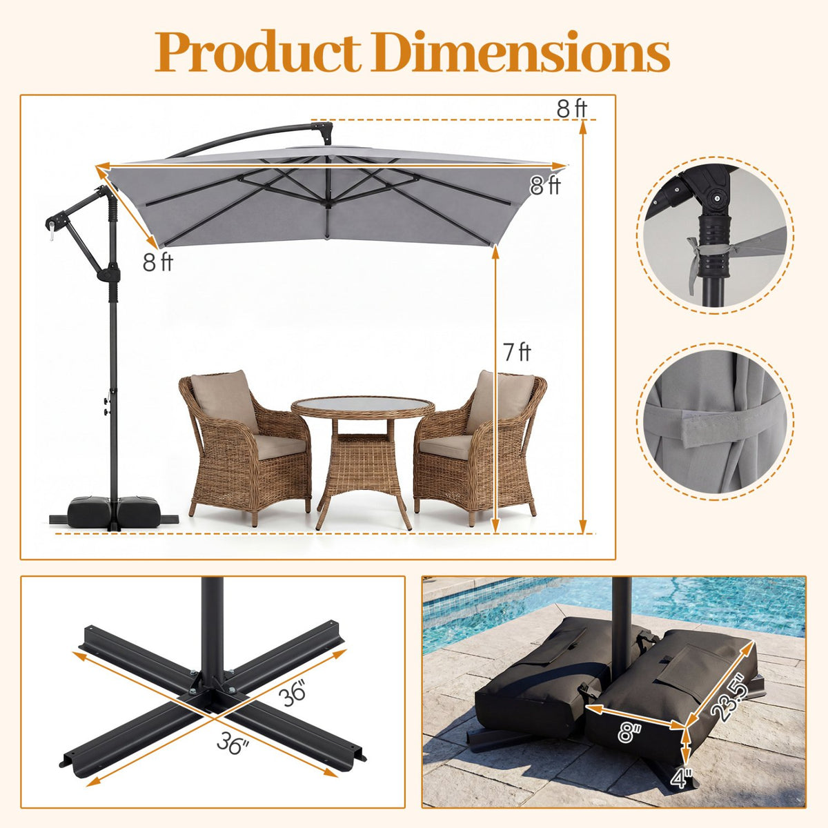 8 x 8 FT Offset Cantilever Patio Umbrella Square Hanging Outdoor Market Umbrella with 360° Rotation-Gray view 4