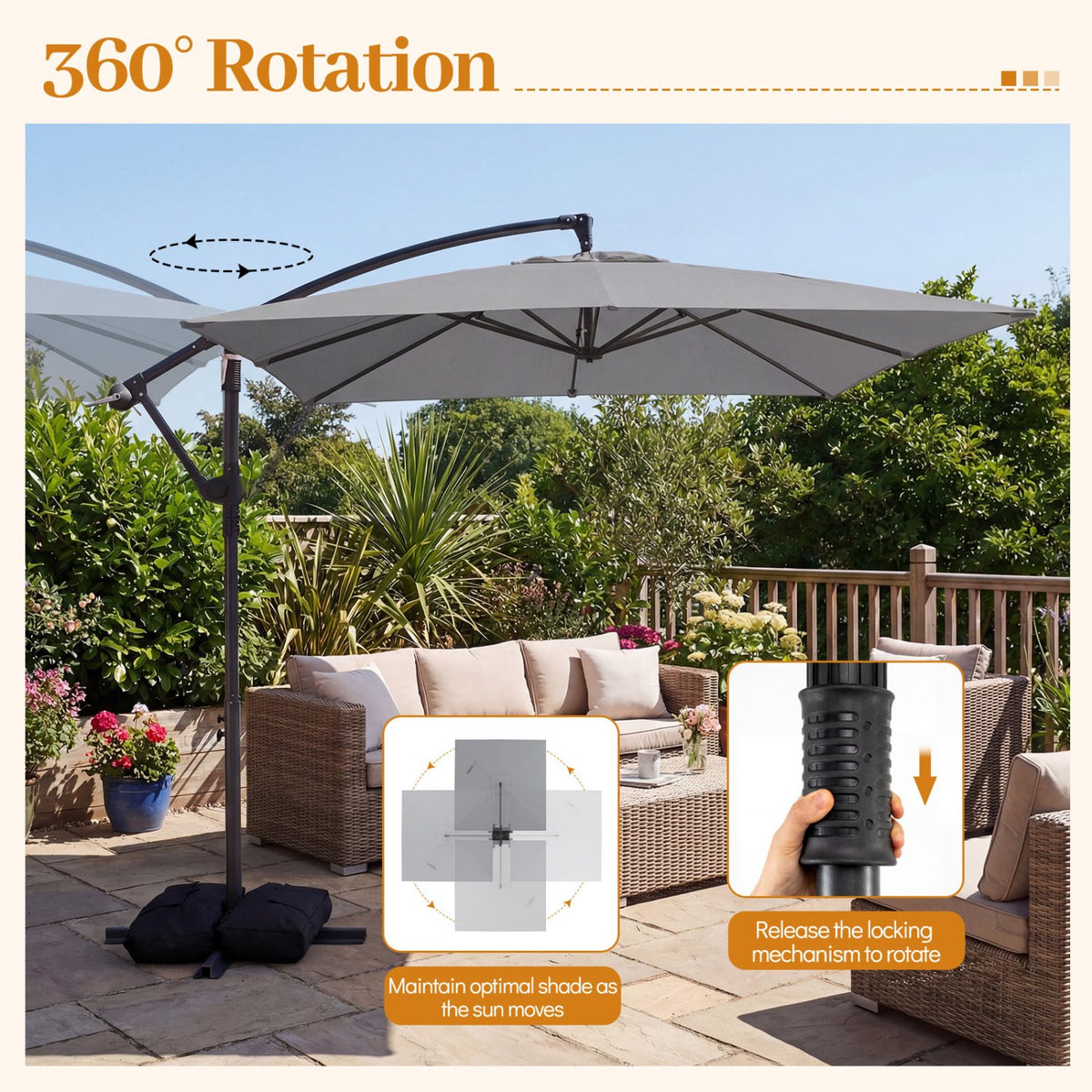 8 x 8 FT Offset Cantilever Patio Umbrella Square Hanging Outdoor Market Umbrella with 360° Rotation-Gray view 7