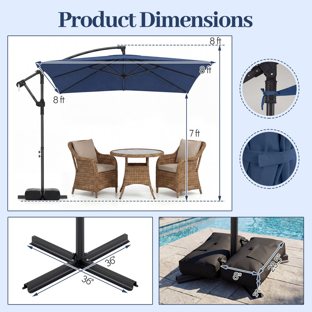 8 x 8 FT Offset Cantilever Patio Umbrella Square Hanging Outdoor Market Umbrella with 360° Rotation-Navy view 4
