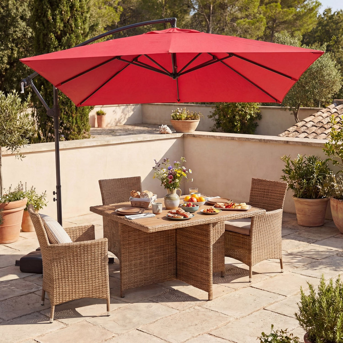 8 x 8 FT Offset Cantilever Patio Umbrella Square Hanging Outdoor Market Umbrella with 360° Rotation-Red view 2