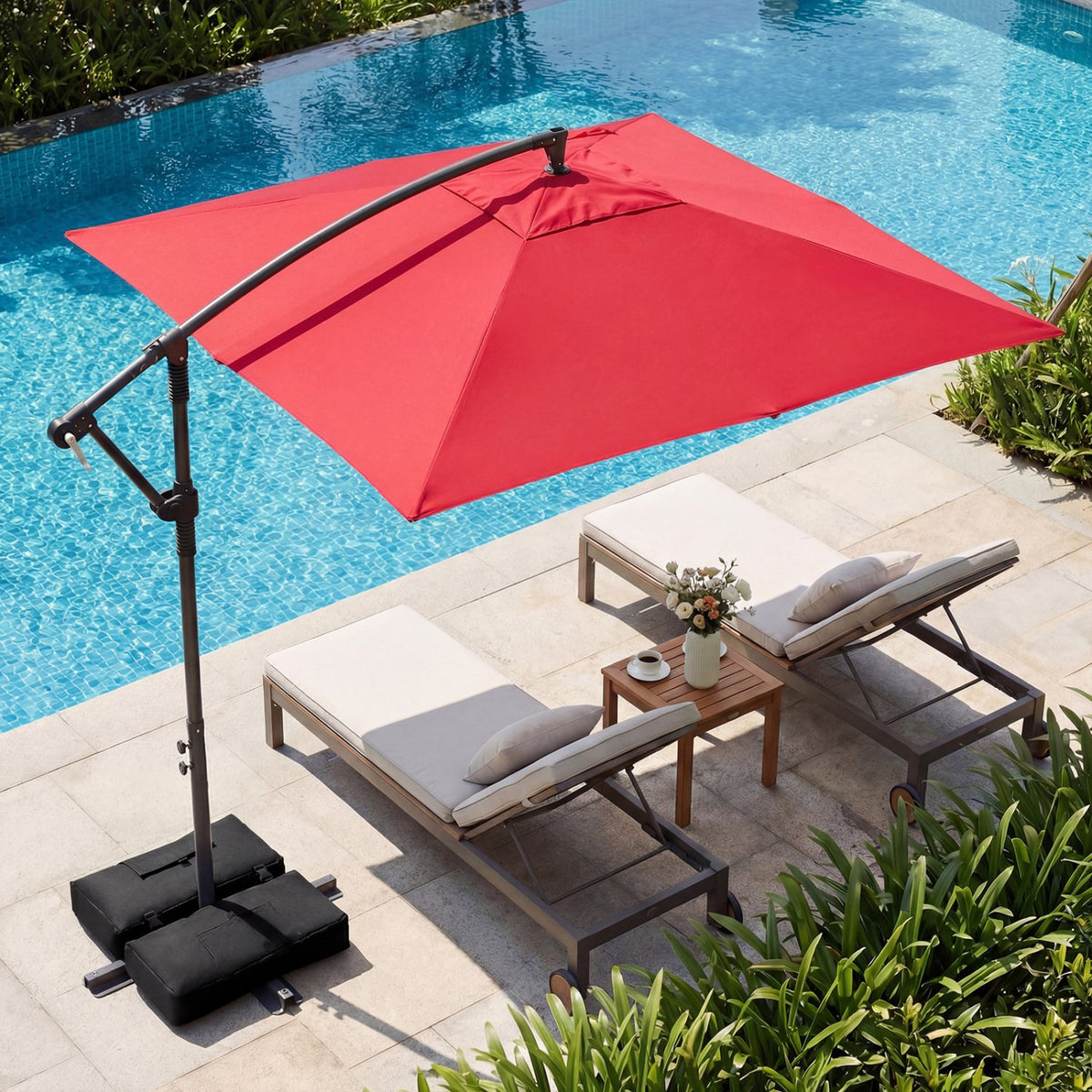 8 x 8 FT Offset Cantilever Patio Umbrella Square Hanging Outdoor Market Umbrella with 360° Rotation-Red view 5