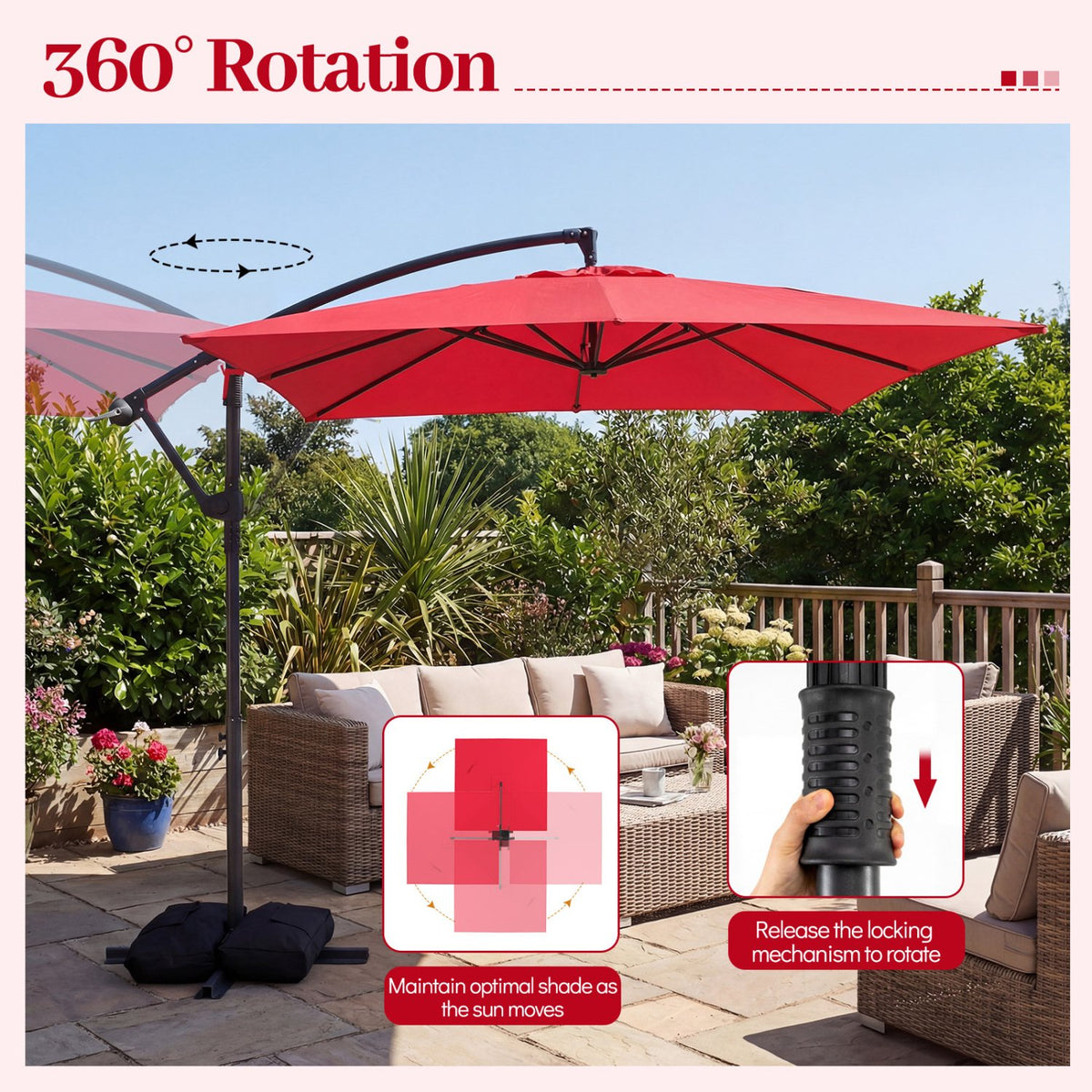 8 x 8 FT Offset Cantilever Patio Umbrella Square Hanging Outdoor Market Umbrella with 360° Rotation-Red view 7