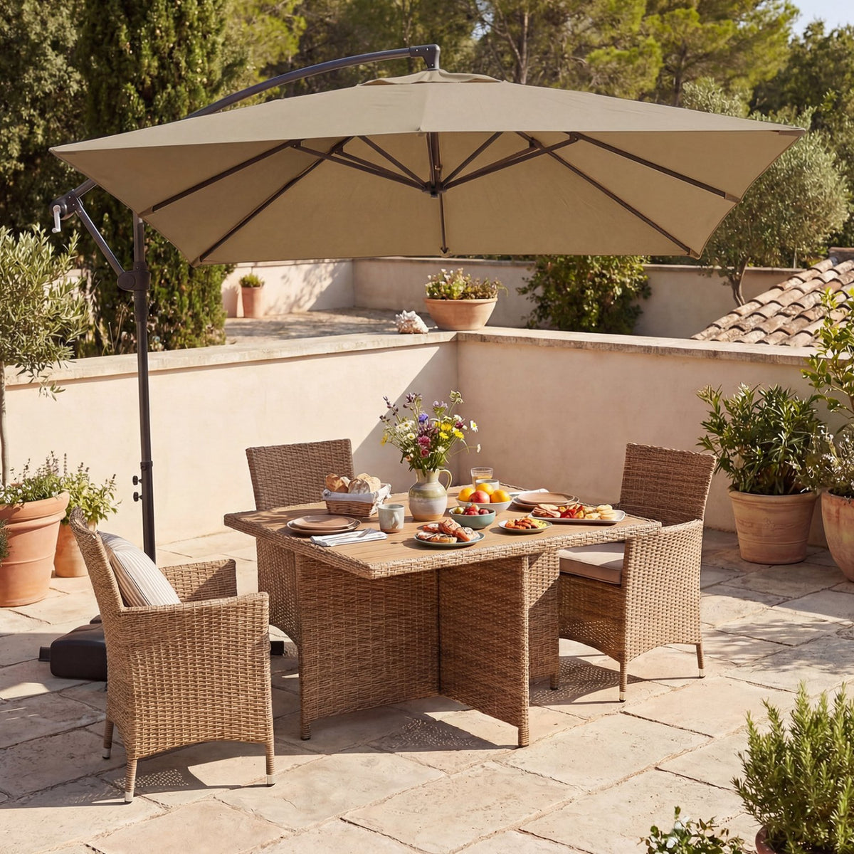 8 x 8 FT Offset Cantilever Patio Umbrella Square Hanging Outdoor Market Umbrella with 360° Rotation-Rustic Brown view 2