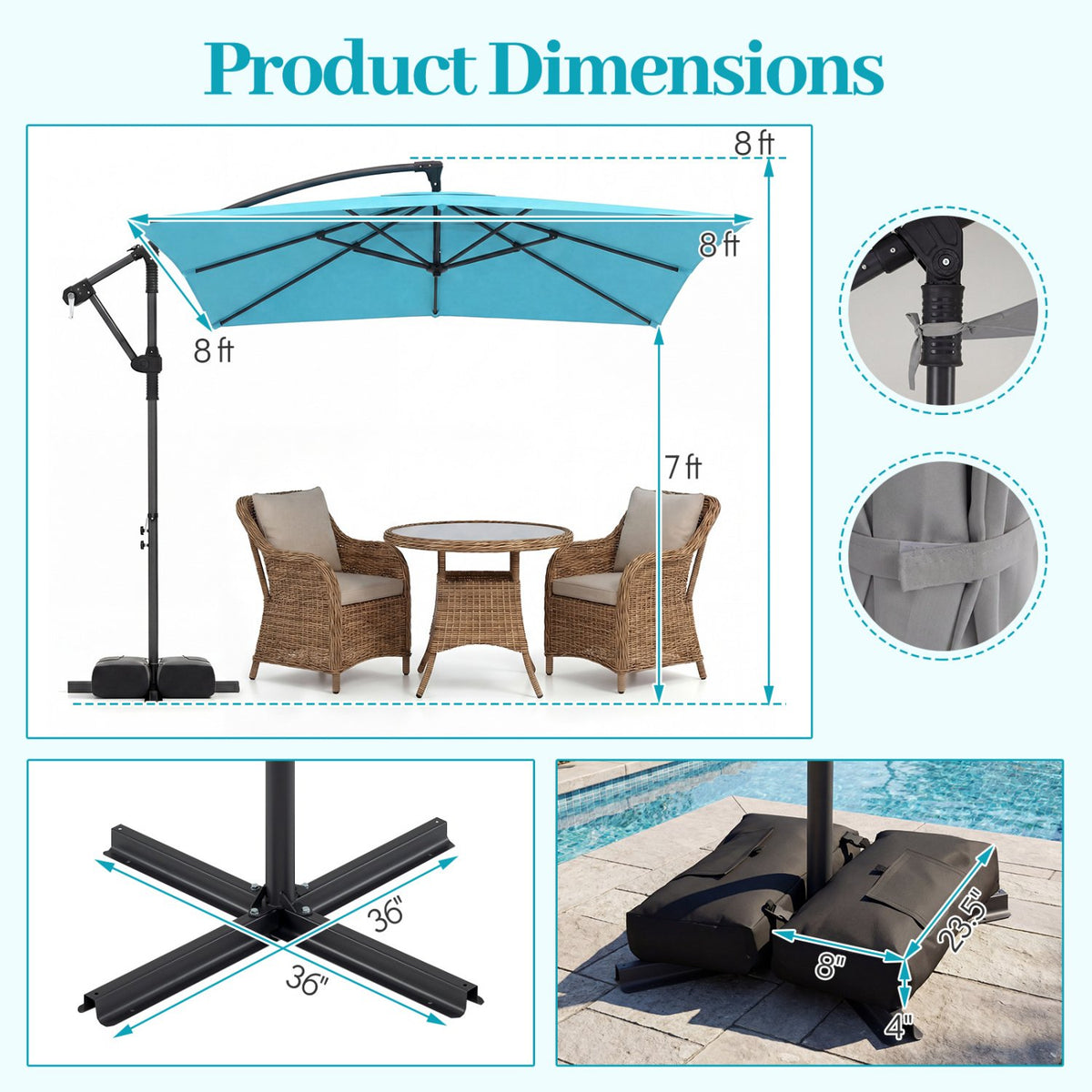 8 x 8 FT Offset Cantilever Patio Umbrella Square Hanging Outdoor Market Umbrella with 360° Rotation-Turquoise view 4